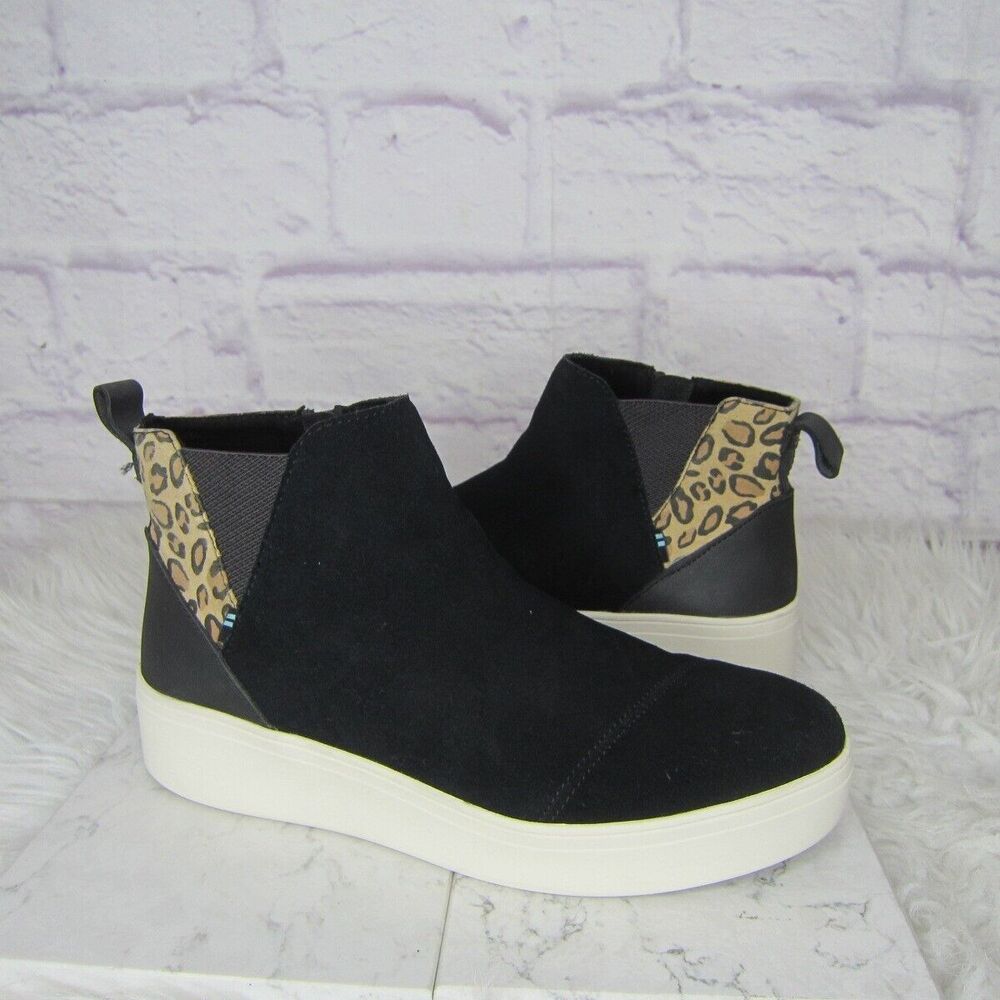 Toms Jamie Black Leopard Slip On Wedge Ankle Zipper Sneakers Womens Size 8.5
